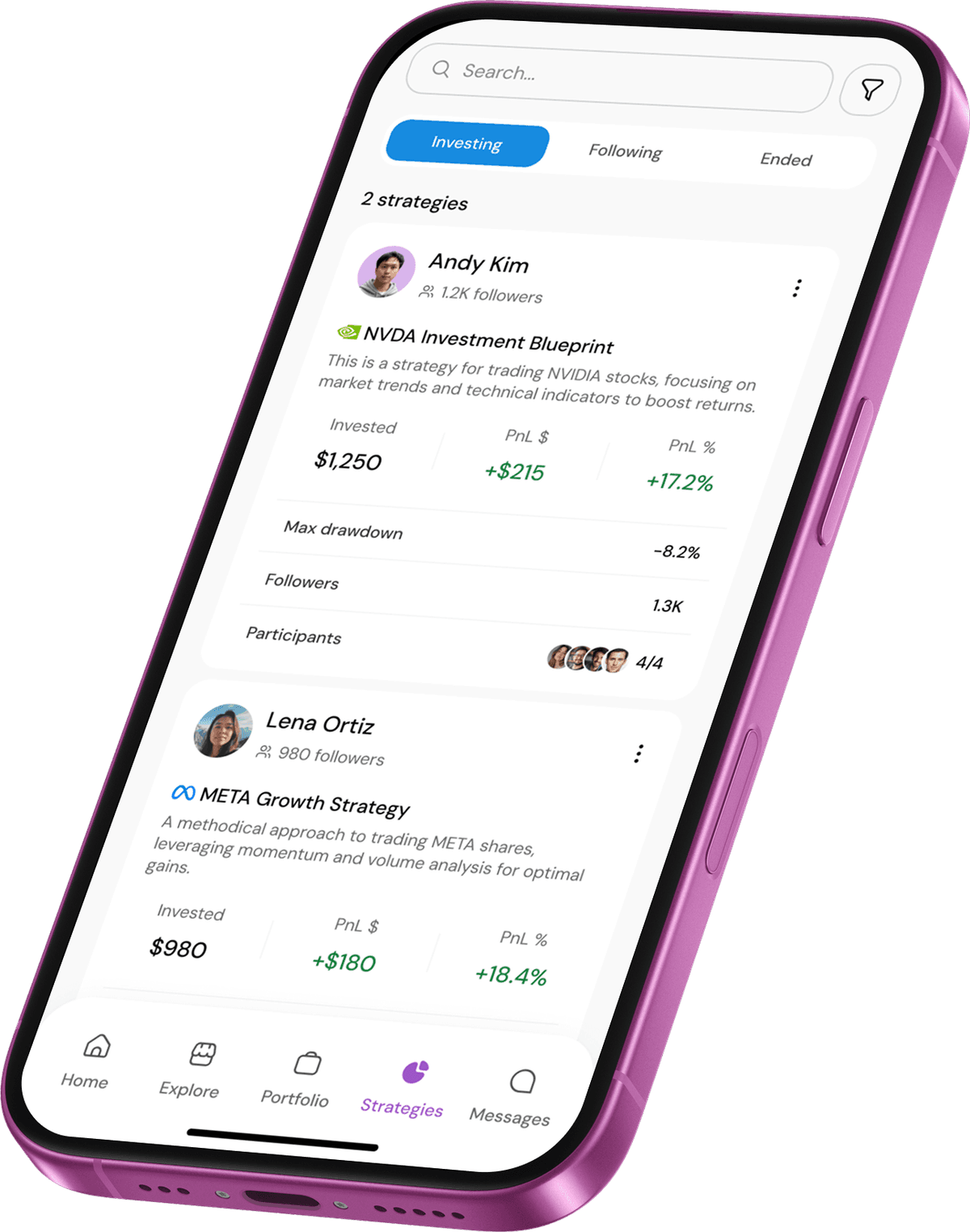 Unlok Co-Invest app – Discover Trading Strategies screen